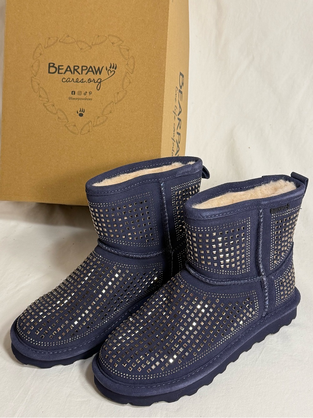 BearPaw Navy Suede Studded Short Booties with Shearling Lining